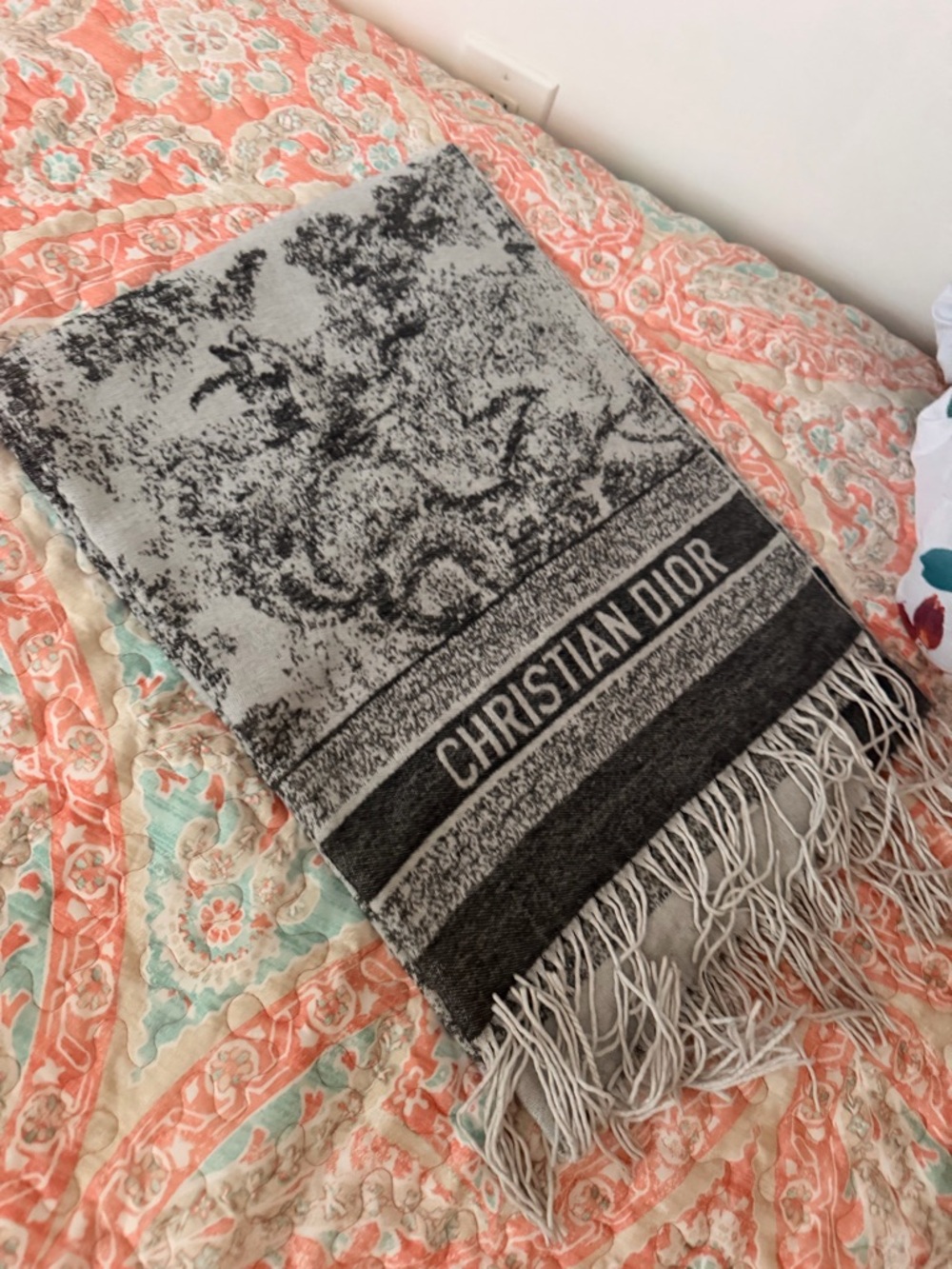 Dior Gray and Black Christian Dior Fringe Scarf Wrap